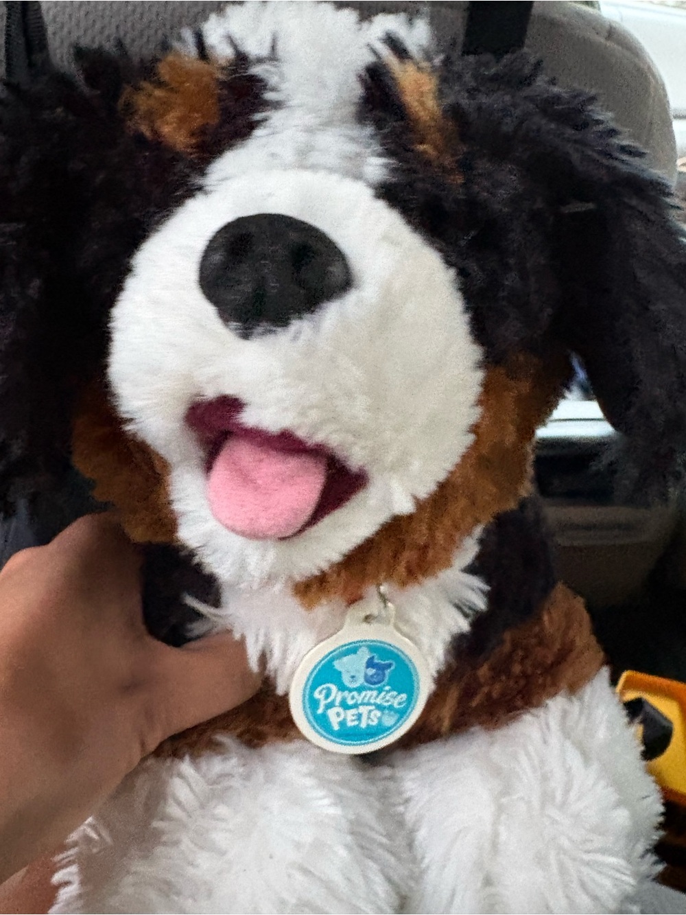 Promise Plush Dog Toy in White, Black, Brown with Pink Tongue